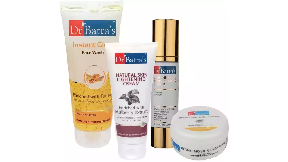 Dr Batras Age Defying Skin Firming Serum, Instant Glow Face Wash, Natural Skin Lightening Cream & Intense Moisturizing Cream Combo (50g+200g+100g+100g) (1Pack)