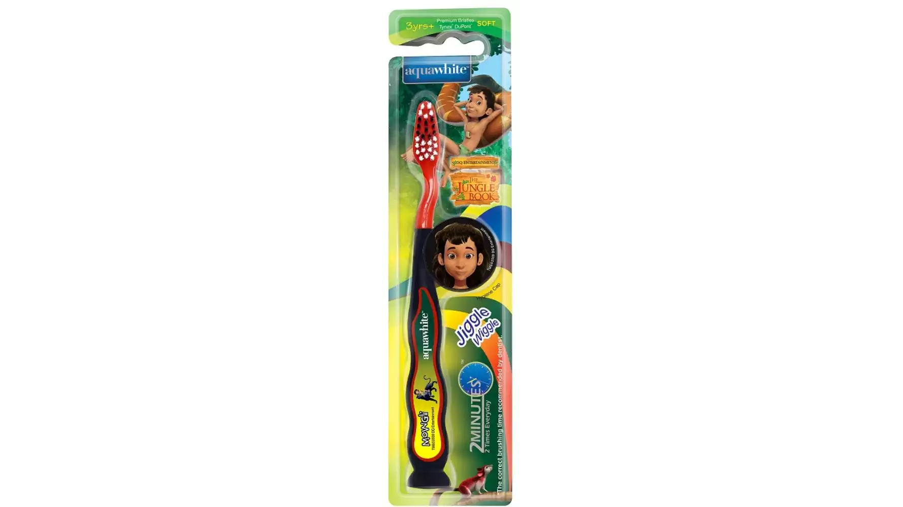 Aquawhite The Jungle Book Jiggle Wiggle Toothbrush (Black) {With 2 D Mowgli Image On Hygiene Cap, Suction Cup & Tongue Cleaner} (1Pack)