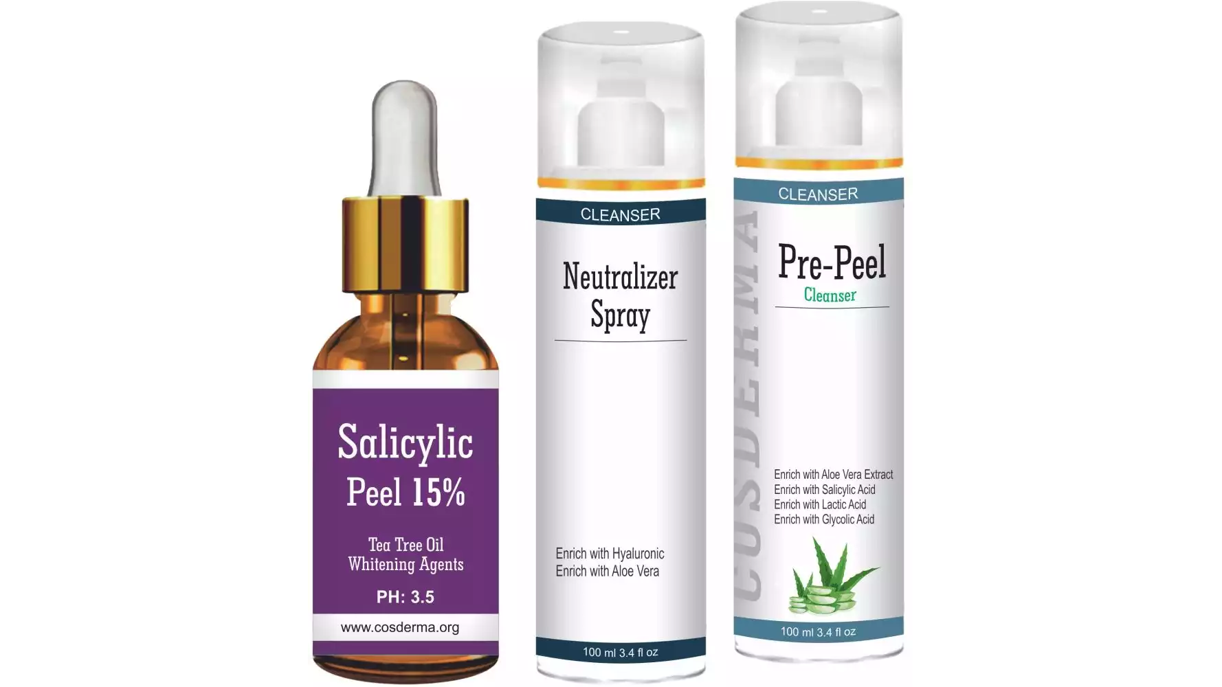 Cosderma Salicylic peel 15%, Neutralizer Spray & Pre Peel Cleanser Combo (1Pack)