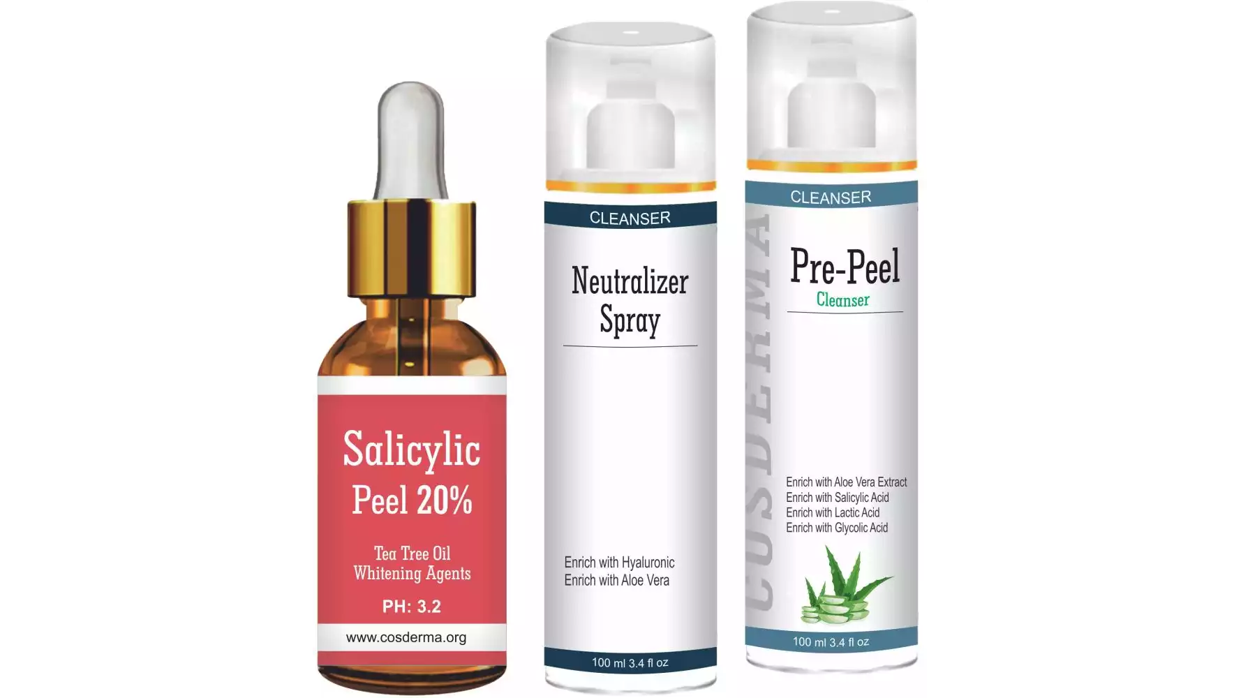 Cosderma Salicylic peel 20%, Neutralizer Spray & Pre Peel Cleanser Combo (1Pack)