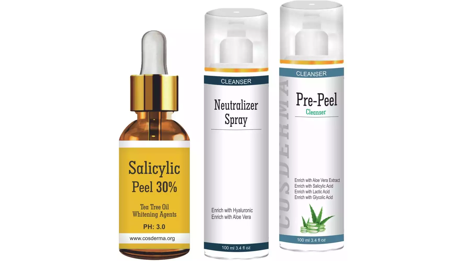 Cosderma Salicylic peel 30%, Neutralizer Spray & Pre Peel Cleanser Combo (1Pack)