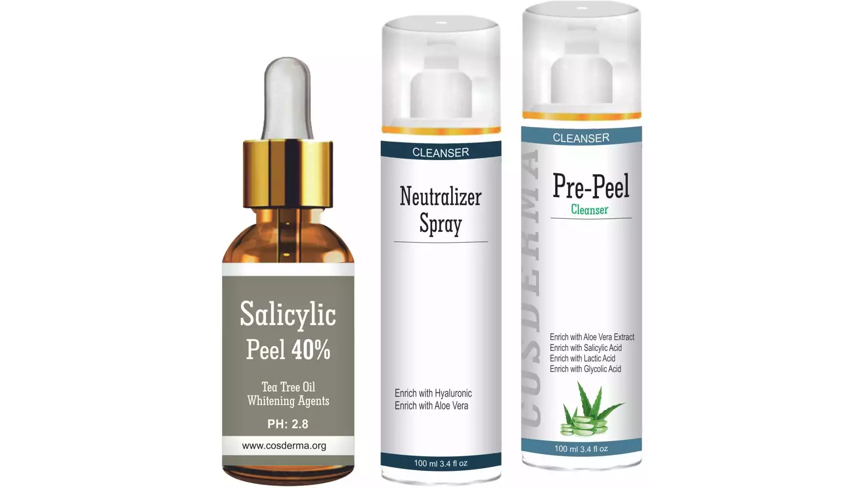 Cosderma Salicylic peel 40%, Neutralizer Spray & Pre Peel Cleanser Combo (1Pack)
