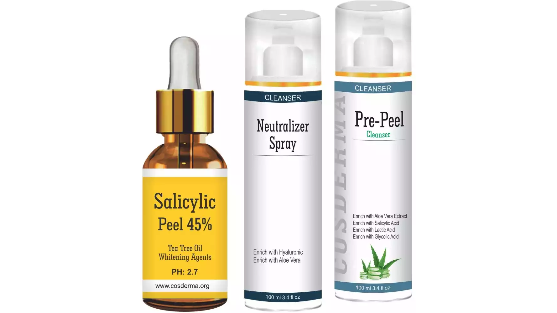 Cosderma Salicylic peel 45%, Neutralizer Spray & Pre Peel Cleanser Combo (1Pack)