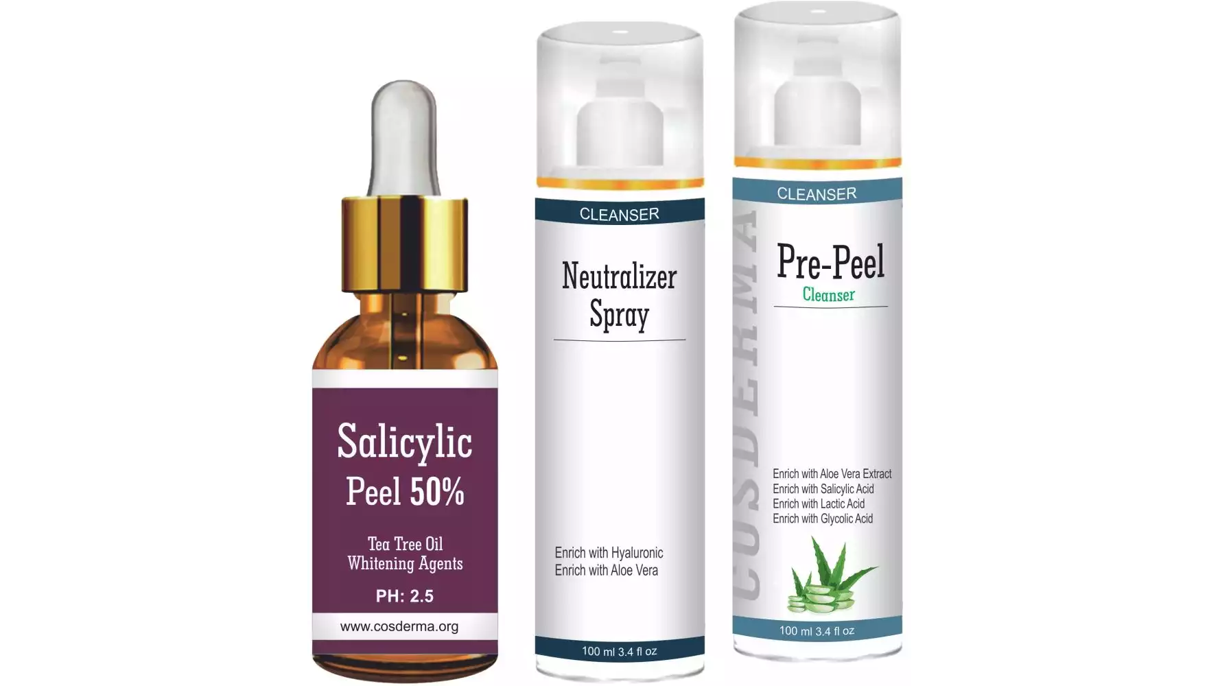 Cosderma Salicylic peel 50%, Neutralizer Spray & Pre Peel Cleanser Combo (1Pack)