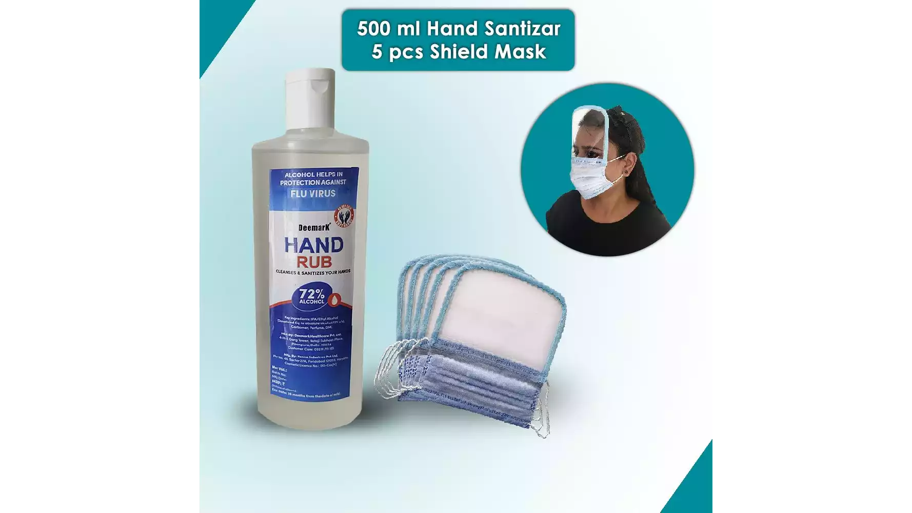 Deemark Hand Rub Sanitizer (500Ml.) With 3 Ply Mask (5Pcs) Combo Pack (1Pack)