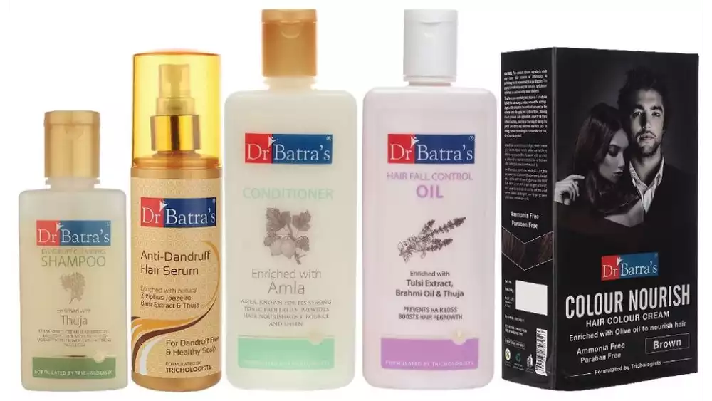 Dr Batras Anti Dandruff Hair Serum, Conditioner, Hair Fall Control Oil, Nourish Hair Colour Cream Brown & Dandruff Cleansing Shampoo Combo (200ml+200ml+200ml+120g+100ml) (1Pack)
