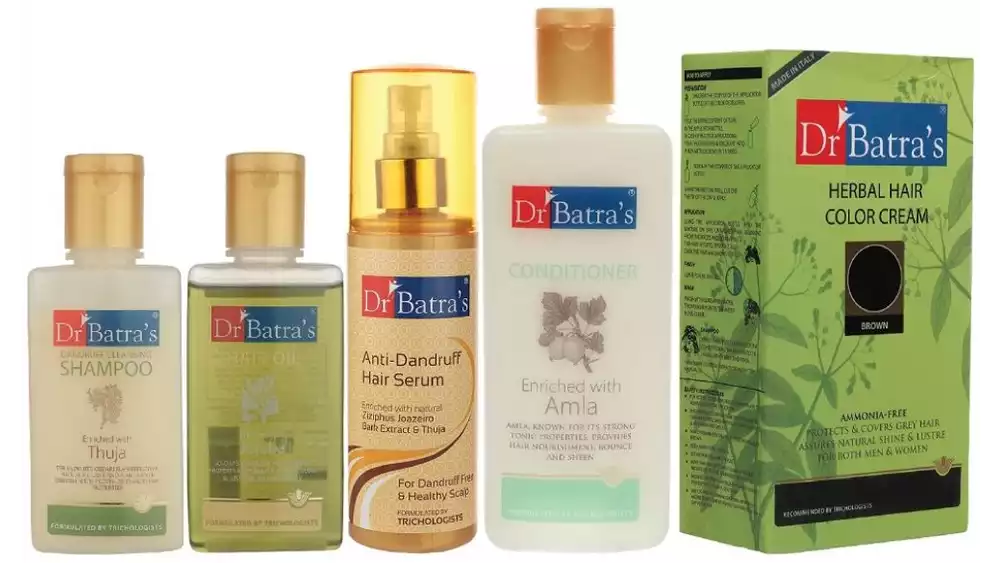 Dr Batras Anti Dandruff Hair Serum, Conditioner, Hair Oil, Herbal Hair Color Cream Brown & Dandruff Cleansing Shampoo Combo (200ml+200ml+100ml+130g+100ml) (1Pack)