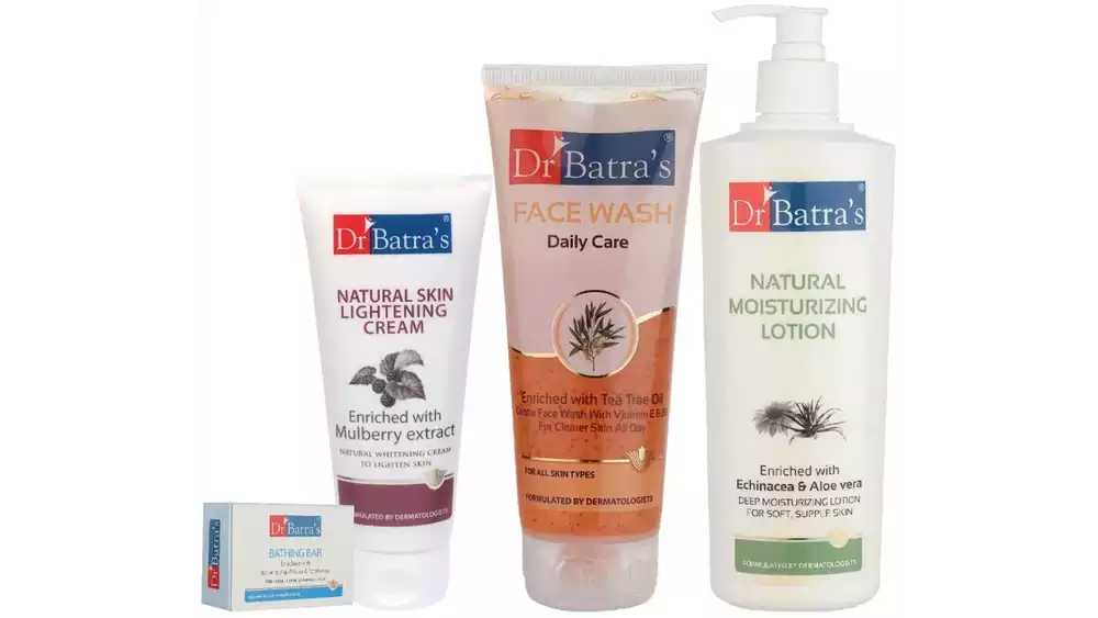 Dr Batras Daily Care Face Wash, Bathing Bar, Natural Moisturising Lotion & Natural Skin Lightening Cream Combo (200g+125g+400ml+100g) (1Pack)