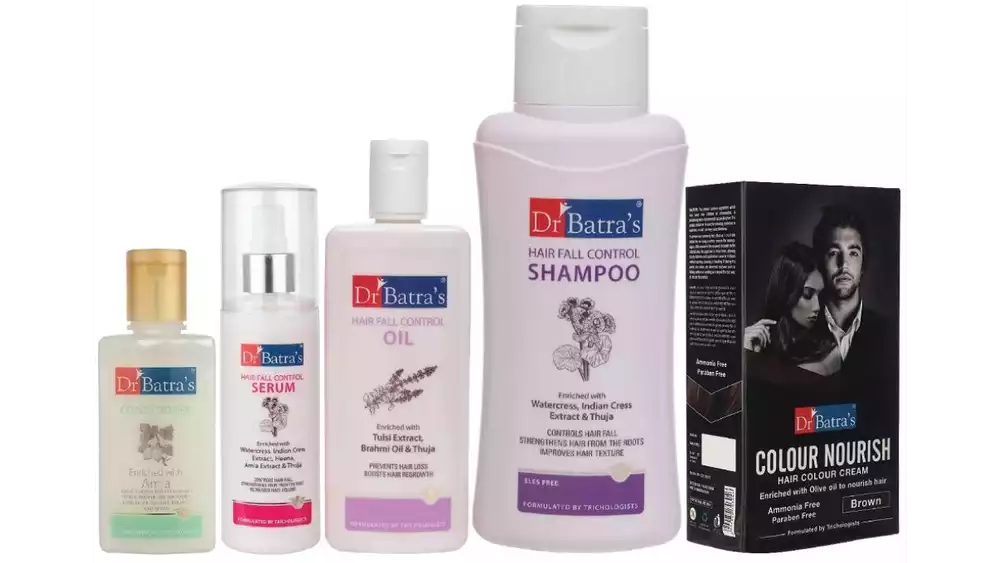 Dr Batras Hair Fall Control Serum, Oil, Shampoo, Conditioner & Nourish Hair Colour Cream Brown Combo (125ml+200ml+500ml+100ml+120g) (1Pack)
