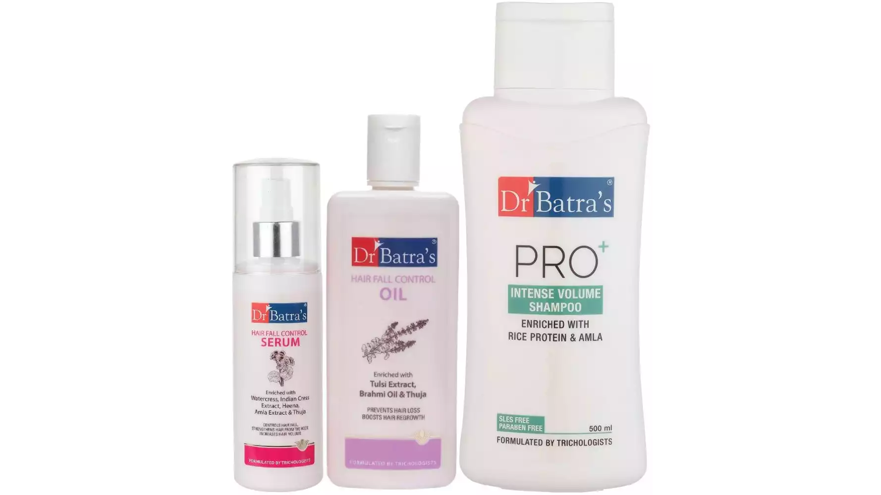 Dr Batras Hair Fall Control Serum, Pro+ Intense Volume Shampoo And Hair Fall Control Oil Combo (125ML+500ML+200ML) (1Pack)