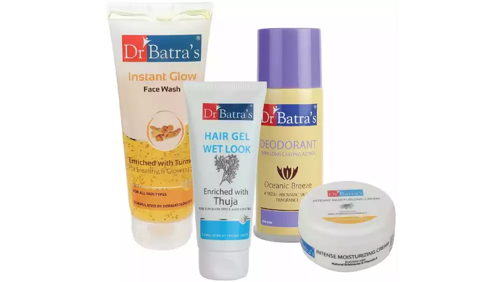 Dr Batras Hair Gel, Instant Glow Face Wash, Deo For Men & Intense Moisturizing Cream Combo (100g+200g+100g+100g) (1Pack)