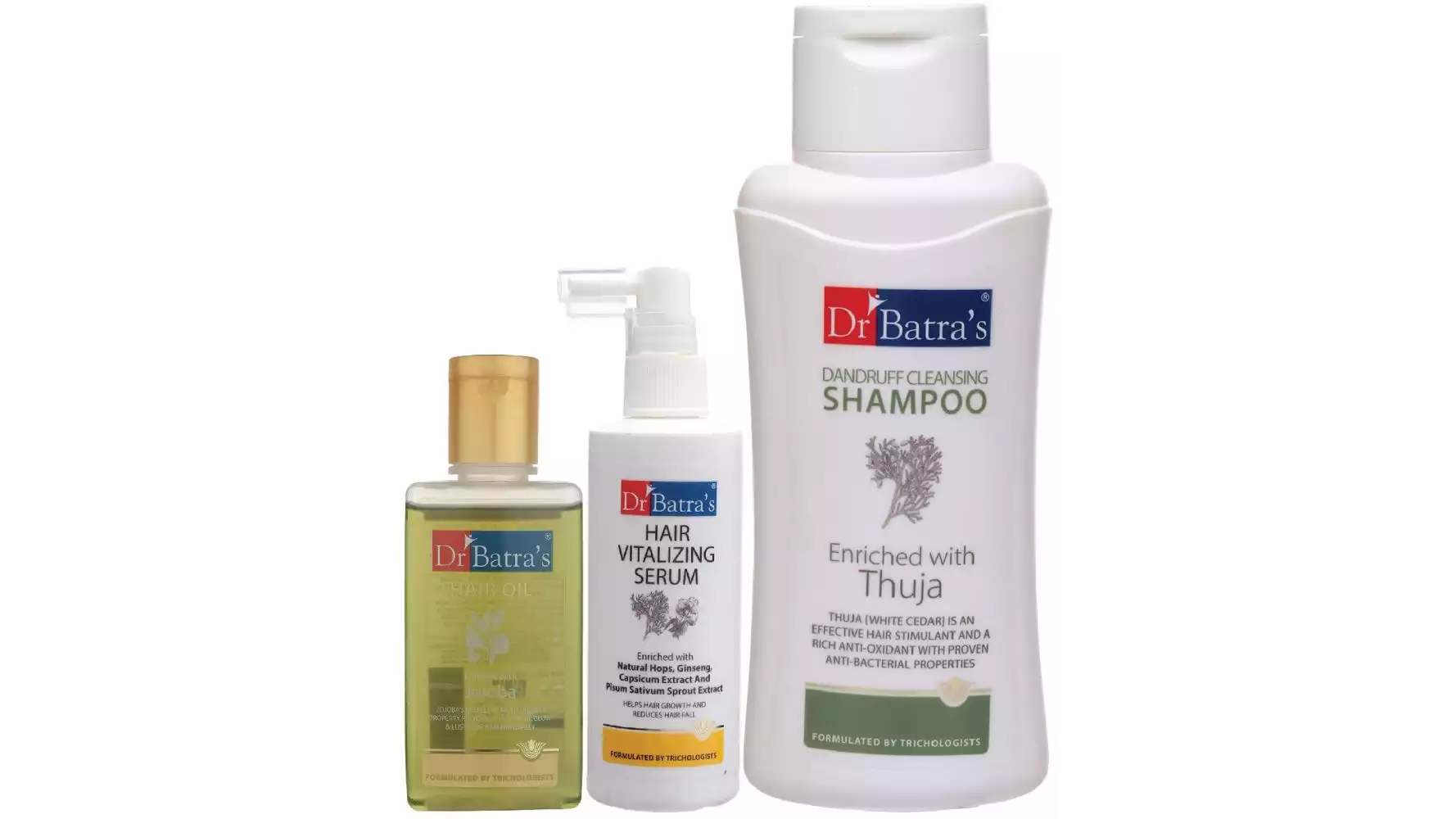 Dr Batras Hair Vitalizing Serum, Dandruff Cleansing Shampoo And Hair Oil Combo (125ML+500ML+100ML) (1Pack)