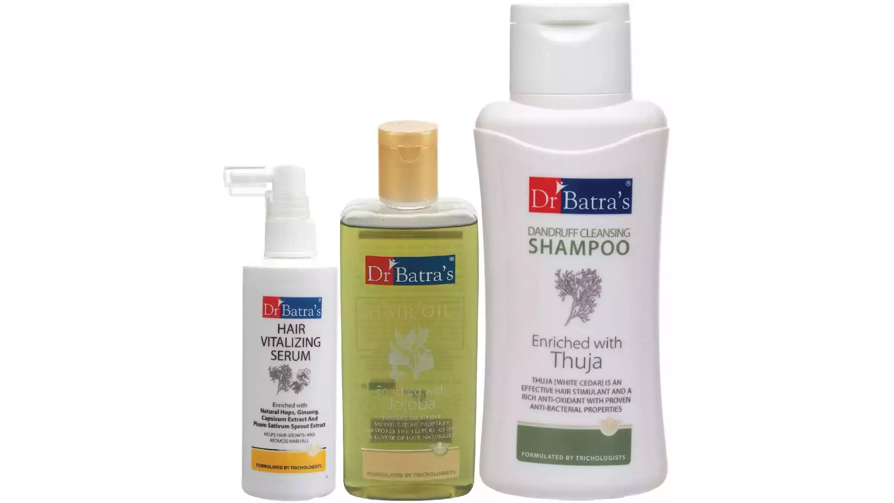 Dr Batras Hair Vitalizing Serum, Dandruff Cleansing Shampoo And Hair Oil Combo (125ML+500ML+200ML) (1Pack)