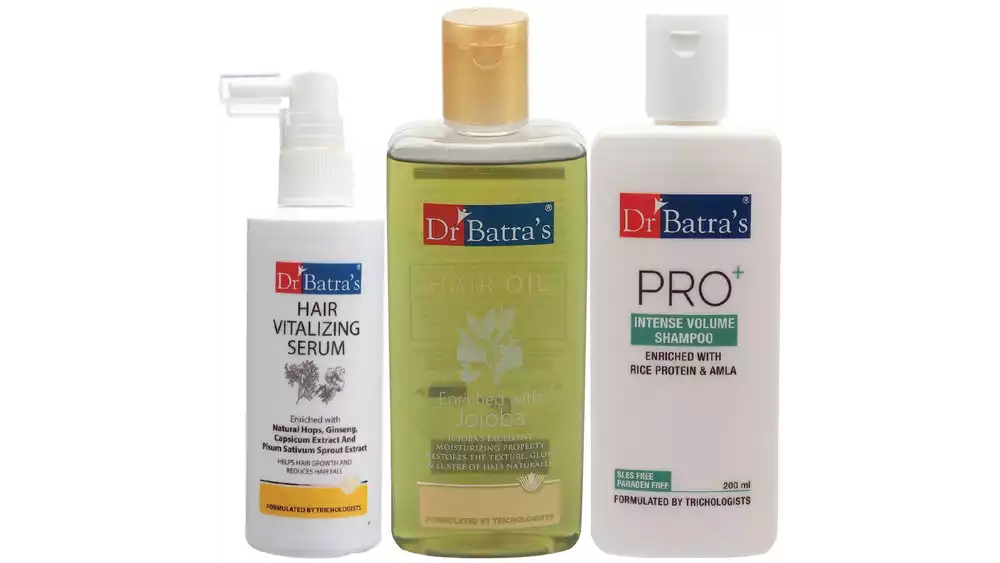 Dr Batras Hair Vitalizing Serum, Pro+ Intense Volume Shampoo And Hair Oil Combo (125ML+200ML+200ML) (1Pack)