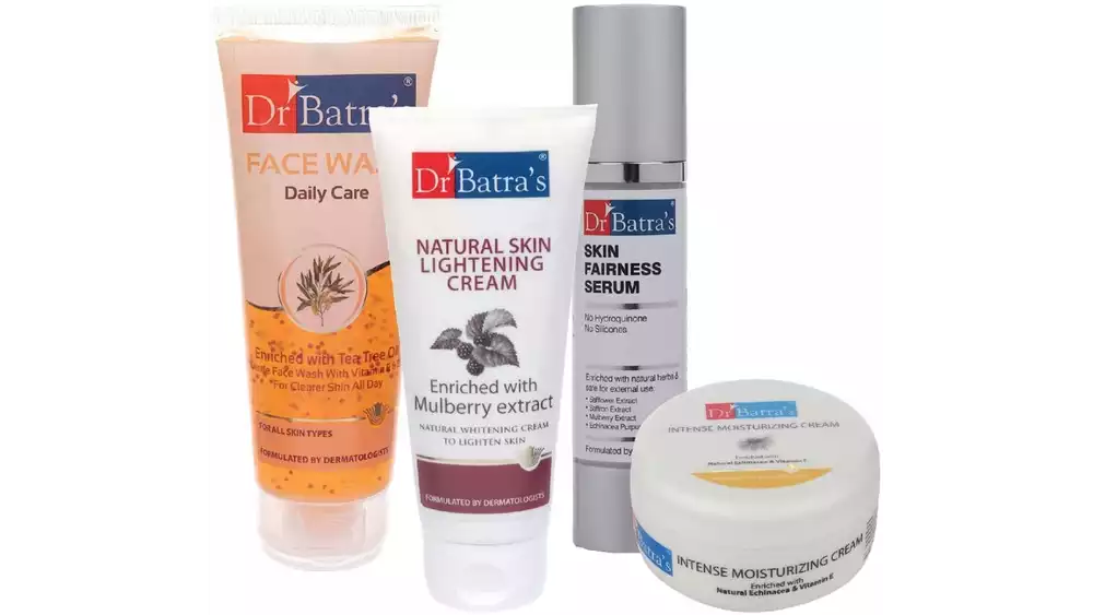 Dr Batras Skin Fairness Serum, Daily Care Face Wash, Natural Skin Lightening Cream & Intense Moisturizing Cream Combo (50g+100g+100g+100g) (1Pack)