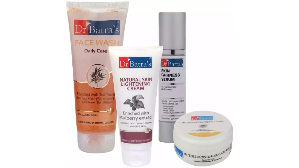 Dr Batras Skin Fairness Serum, Daily Care Face Wash, Natural Skin Lightening Cream & Intense Moisturizing Cream Combo (50g+200g+100g+100g) (1Pack)