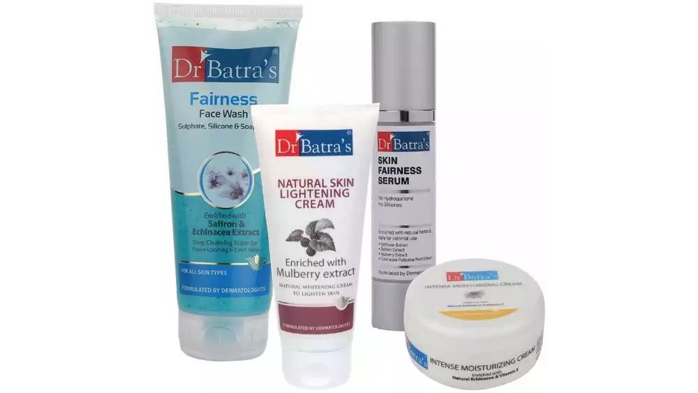 Dr Batras Skin Fairness Serum, Fairness Face Wash, Natural Skin Lightening Cream & Intense Moisturizing Cream Combo (50g+200g+100g+100g) (1Pack)