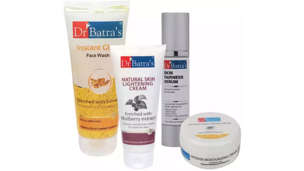 Dr Batras Skin Fairness Serum, Instant Glow Face Wash, Natural Skin Lightening Cream & Intense Moisturizing Cream Combo (50g+200g+100g+100g) (1Pack)