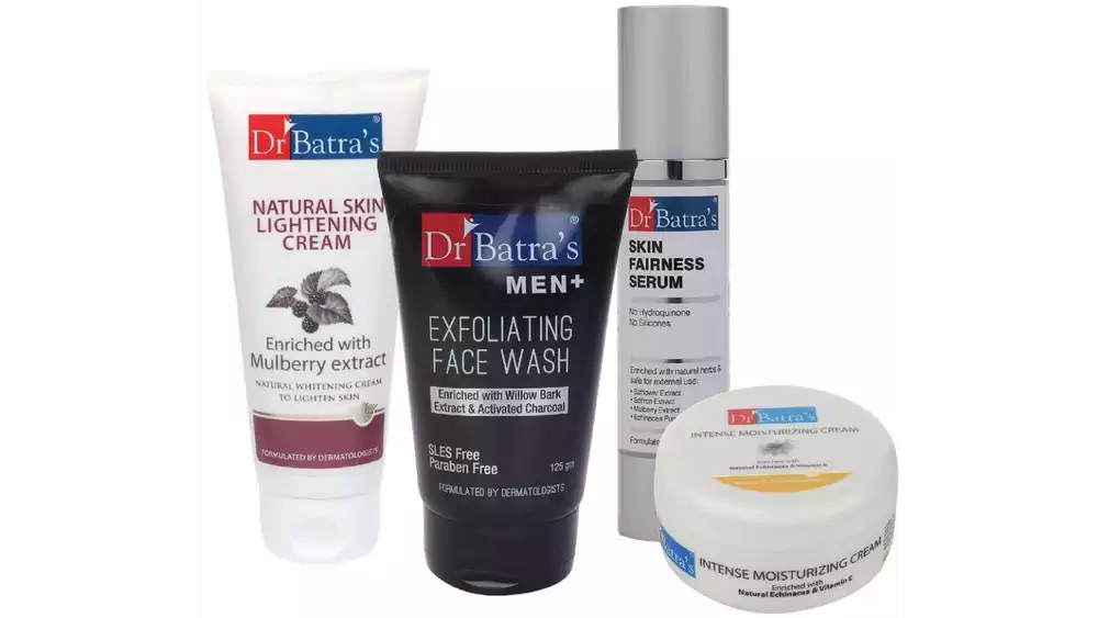Dr Batras Skin Fairness Serum, Men+ Exfoliating Face Wash, Natural Skin Lightening Cream & Intense Moisturizing Cream Combo (50g+125g+100g+100g) (1Pack)