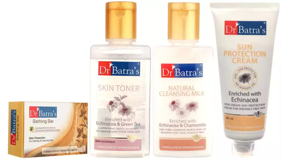 Dr Batras Skin Toner, Natural Cleansing Milk, Sun Protection Cream & Skin Protection Bathing Bar Combo (1Pack)