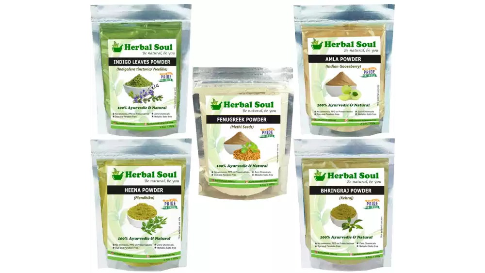 Herbal Soul Amla, Bhringraj, Fenugreek, Heena & Indigo Leaves Powder Combo (1Pack)