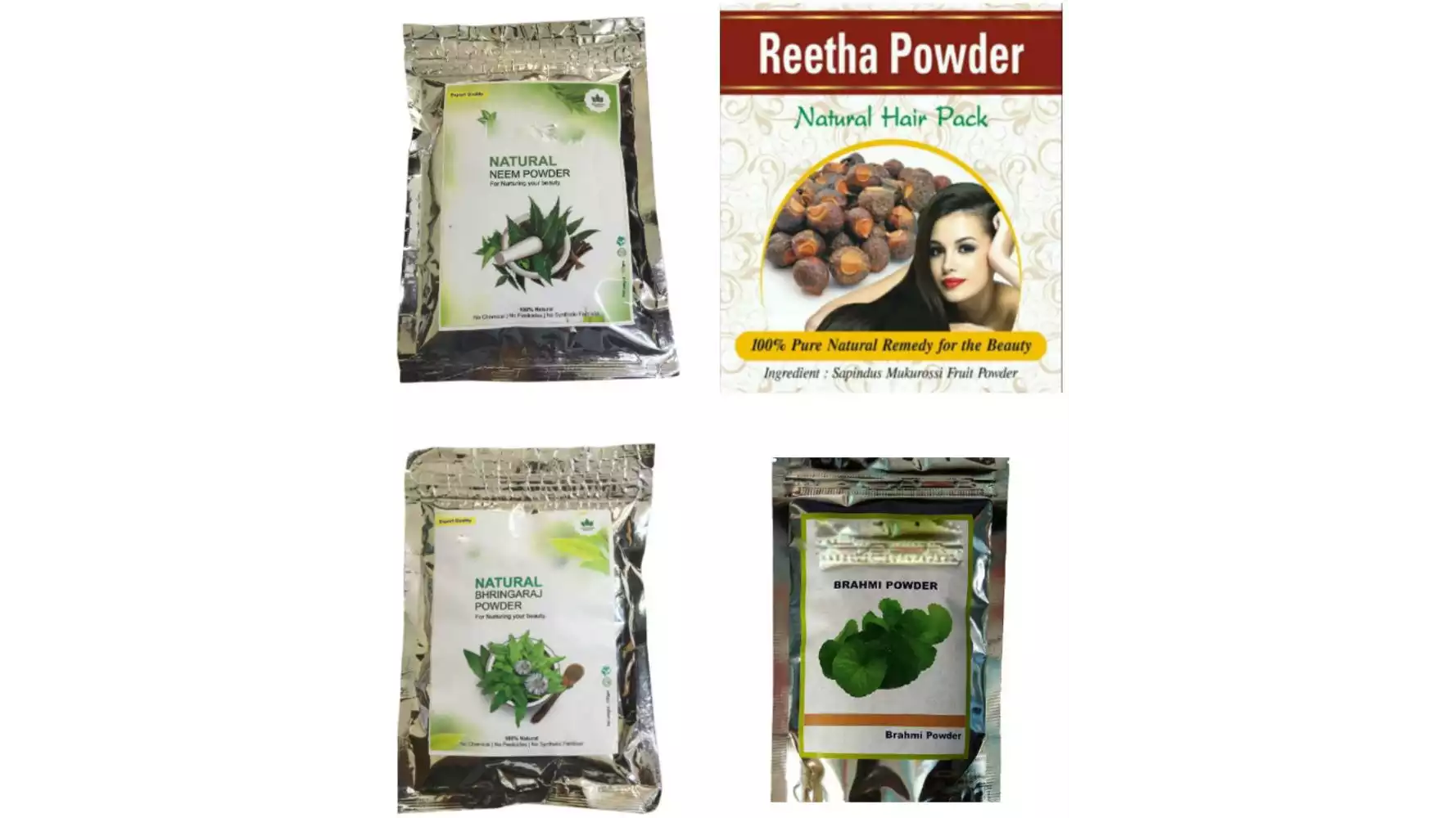 Indirang Neem Powder (100Gms) & Reetha Powder (100Gms) & Bhringraj Powder (100Gms) & Brahmi Powder (100Gms) Combo Pack (1Pack)