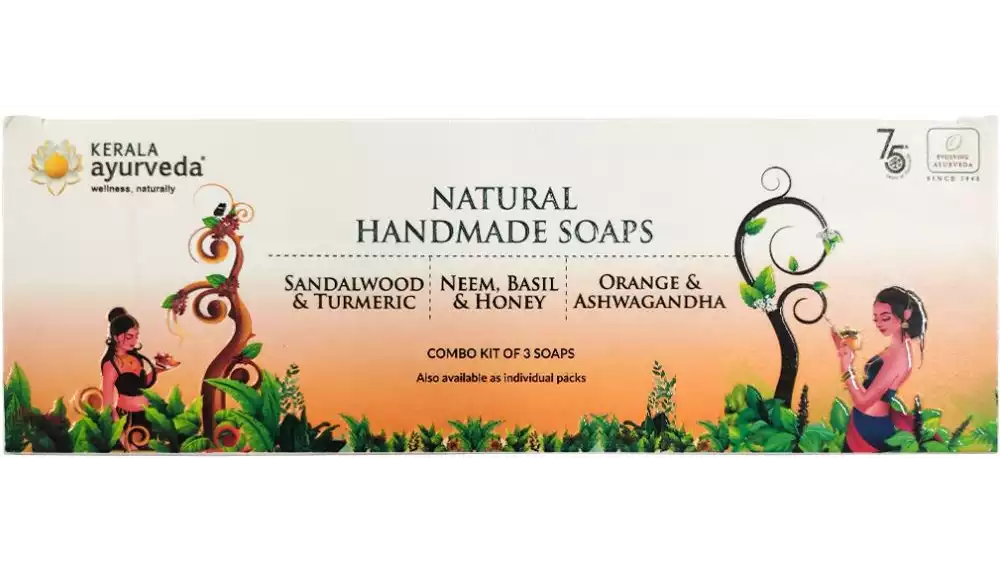 Kerala Ayurveda Natural Handmade Soaps Combo Kit (Sandalwood & Turmeric Soap, Neem, Basil & Honey Soap and Orange & Ashwagandha Soap) (1Pack)
