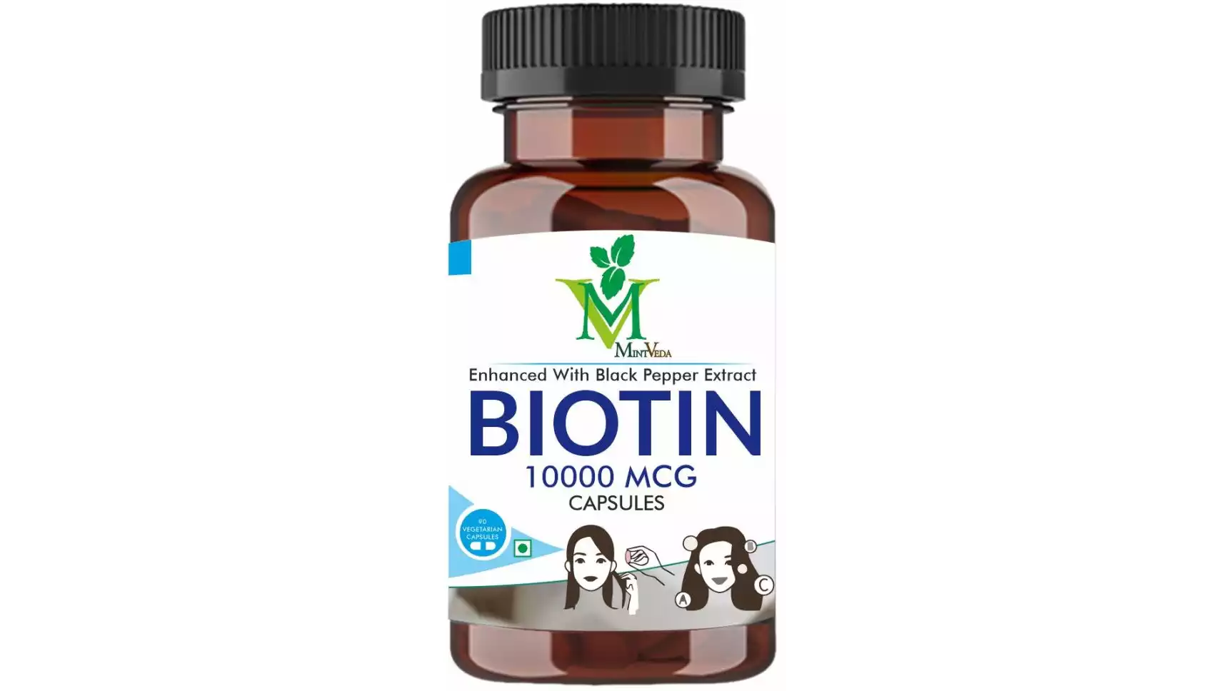 Mint Veda Biotin Maximum Strength For Hair Nails & Skin Growth 10000 Mcg Vegetarian Capsule (90caps)