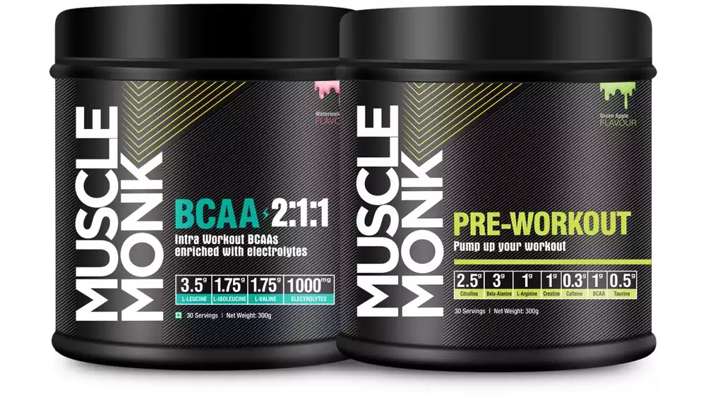 Muscle Monk Combo Bcaa (Watermelon) With Pre-Workout (Green Apple) 30 Servings (1Pack)