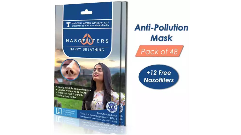 Nasofilters Anti Pollution Mask Monthly Pack  {Set Of 48 And 12 Complimentary} (L, Pack of 60)
