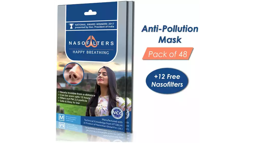 Nasofilters Anti Pollution Mask Monthly Pack  {Set Of 48 And 12 Complimentary} (M, Pack of 60)