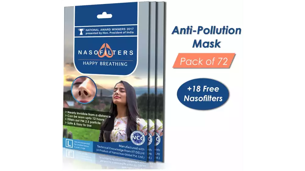 Nasofilters Anti Pollution Mask Monthly Pack  {Set Of 72 And 18 Complimentary} (L, Pack of 90)