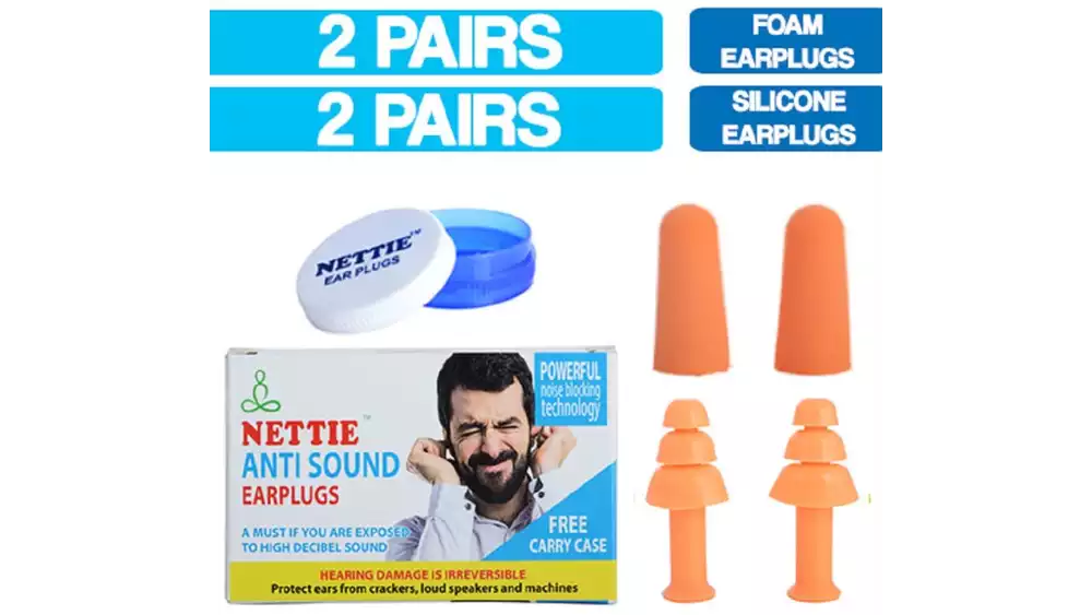 Nettie Anti Sound Earplugs (2 Pairs Foam, 2 Pairs Silicone Earplugs) (1Pack)