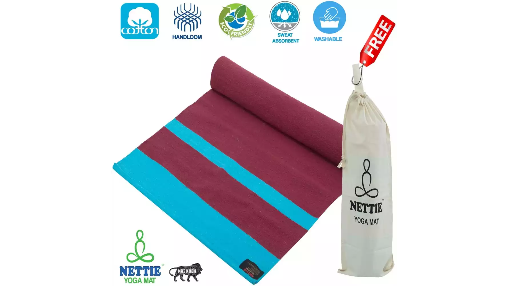 Nettie Handloom Cotton Yoga Mat (Maroon & Blue Big Size With Free Cotton Carry Bag) (1pcs)