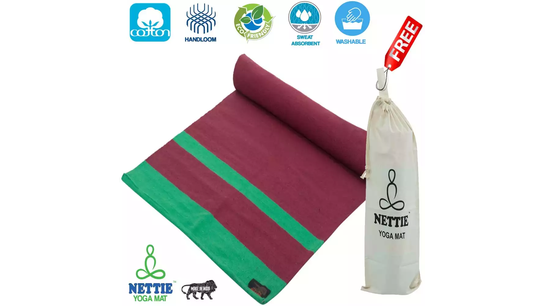 Nettie Handloom Cotton Yoga Mat (Maroon & Green Standard Size With Free Cotton Carry Bag) (1pcs)