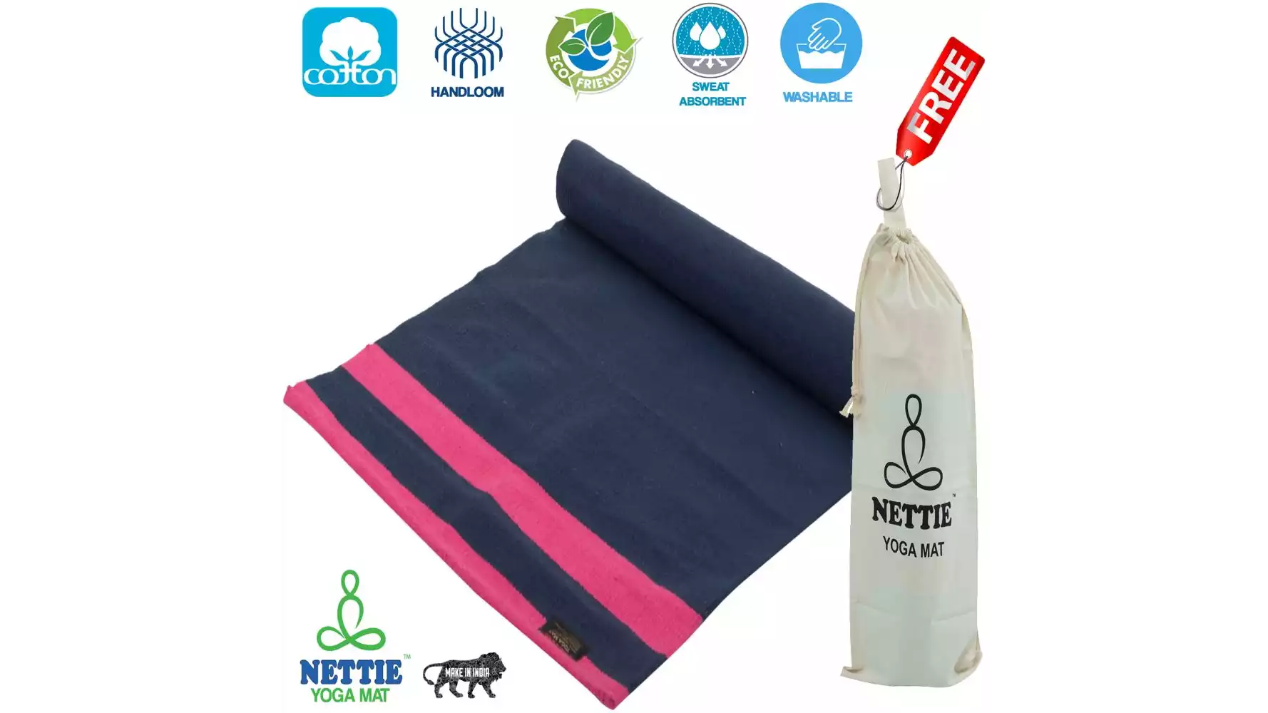 Nettie Handloom Cotton Yoga Mat (Navy Blue And Pink Big Size With Free Cotton Carry Bag) (1pcs)