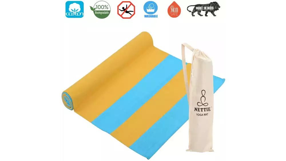 Nettie Organic Rubber Base Handloom Cotton Anti Skid Yoga Mat (Yellow And Blue With Free Carry Bag) (1pcs)