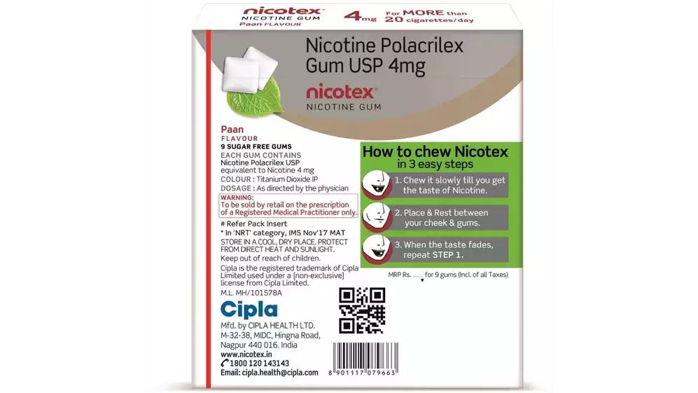 Nicotex Chewing Gums Sugar Free (4mg) Paan (9pcs)