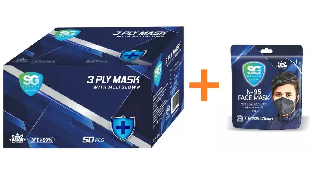 SG Health Three Ply SMS Filter Adult Mask (With Free N95 Mask) (1Pack)
