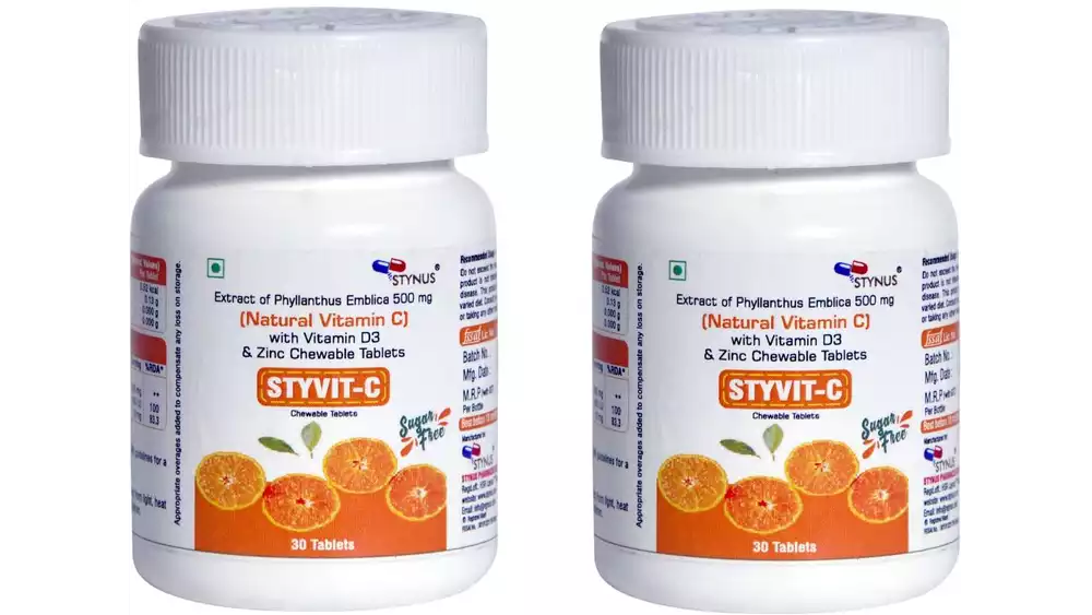 Stynus Styvit-C (Vitamin C, Vit D3 and Zinc) Chewable Tablets (30tab, Pack of 2)