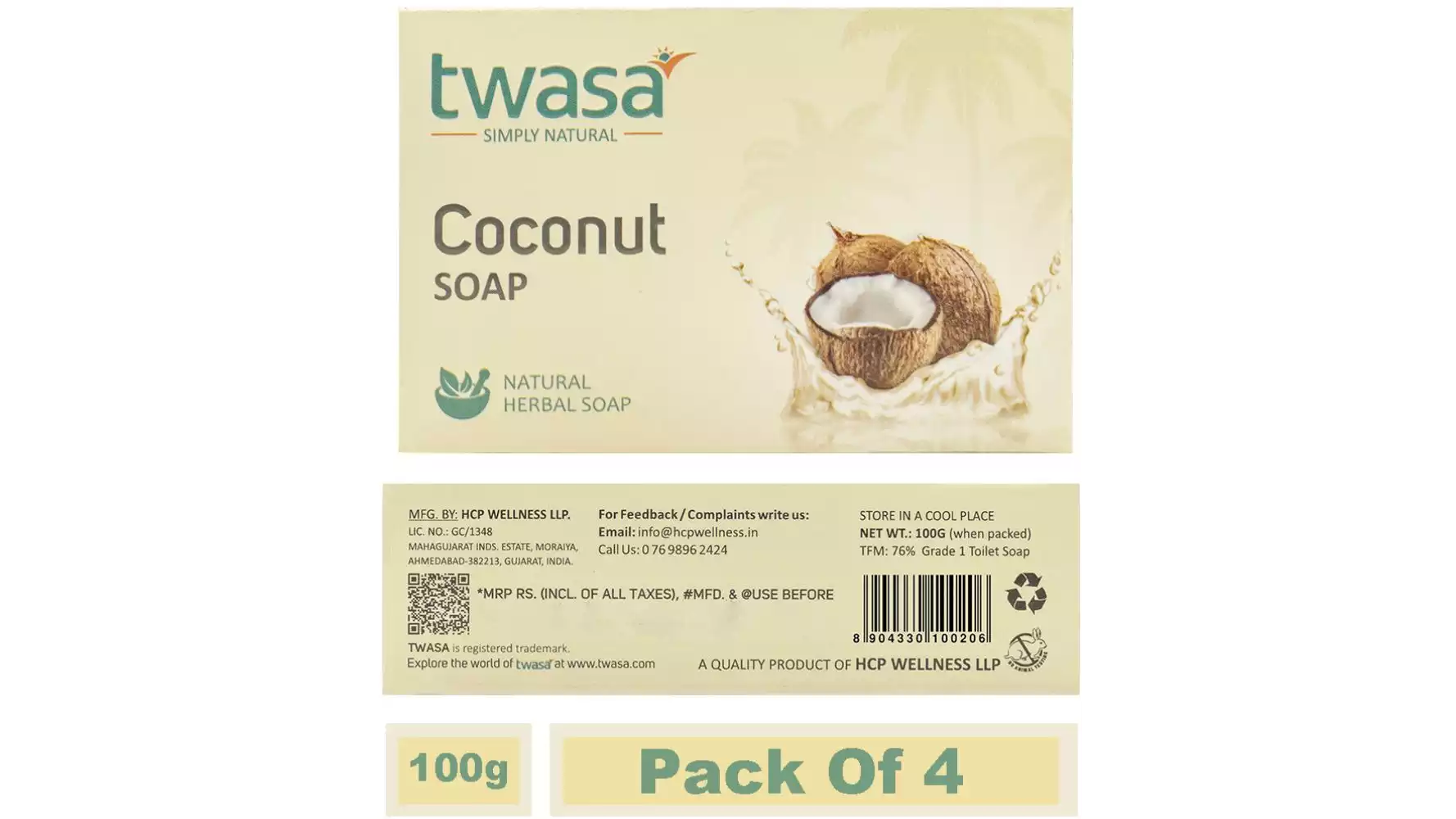 Twasa Coconut Oil Bath Soap (100g, Pack of 4)