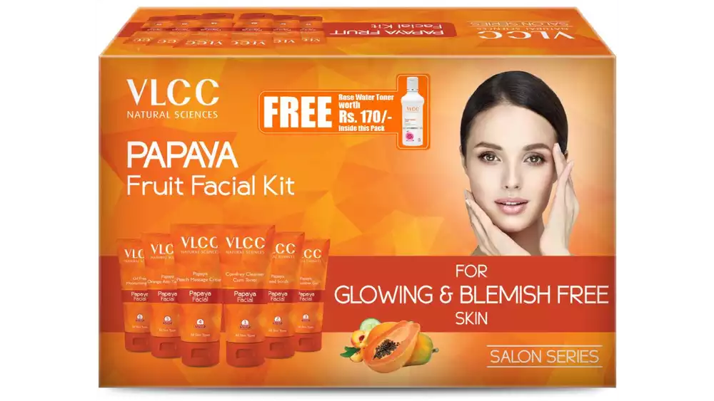 VLCC Papaya Fruit Facial Kit + Free Rose Water Toner | 300Gm + 100Ml (1Pack)