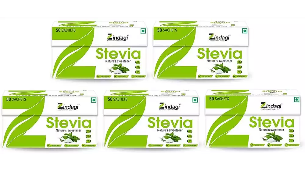 Zindagi Stevia Calorie-Free Sweetener - Stevia White Powder (50Sachet, Pack of 5)
