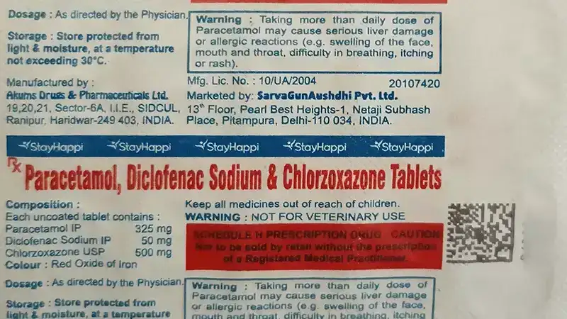StayHappi Chlorzoxazone+Diclofenac+Paracetamol 500mg/50mg/325mg Tablet